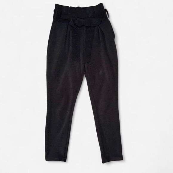 Black Paper Bag High-Waisted Ankle Trouser Dress Pants - Picture 1 of 8